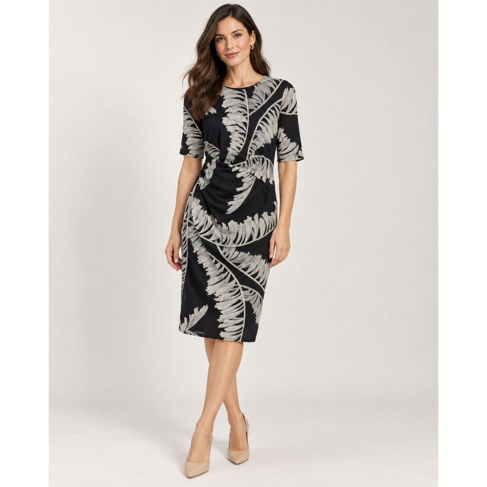 Whistles Midi Dress Silk Ruched Sheath Black Leaf Resort Cruise Women sz US 6